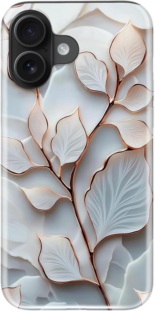 LUMARKE for iPhone 16 Case Cute - Wireless Charging Compatible - Dual-Layer Soft Silicone + Hard Shell - Trendy Floral Design - Glossy Phone Cover for Women - Elegant Leaf Veins