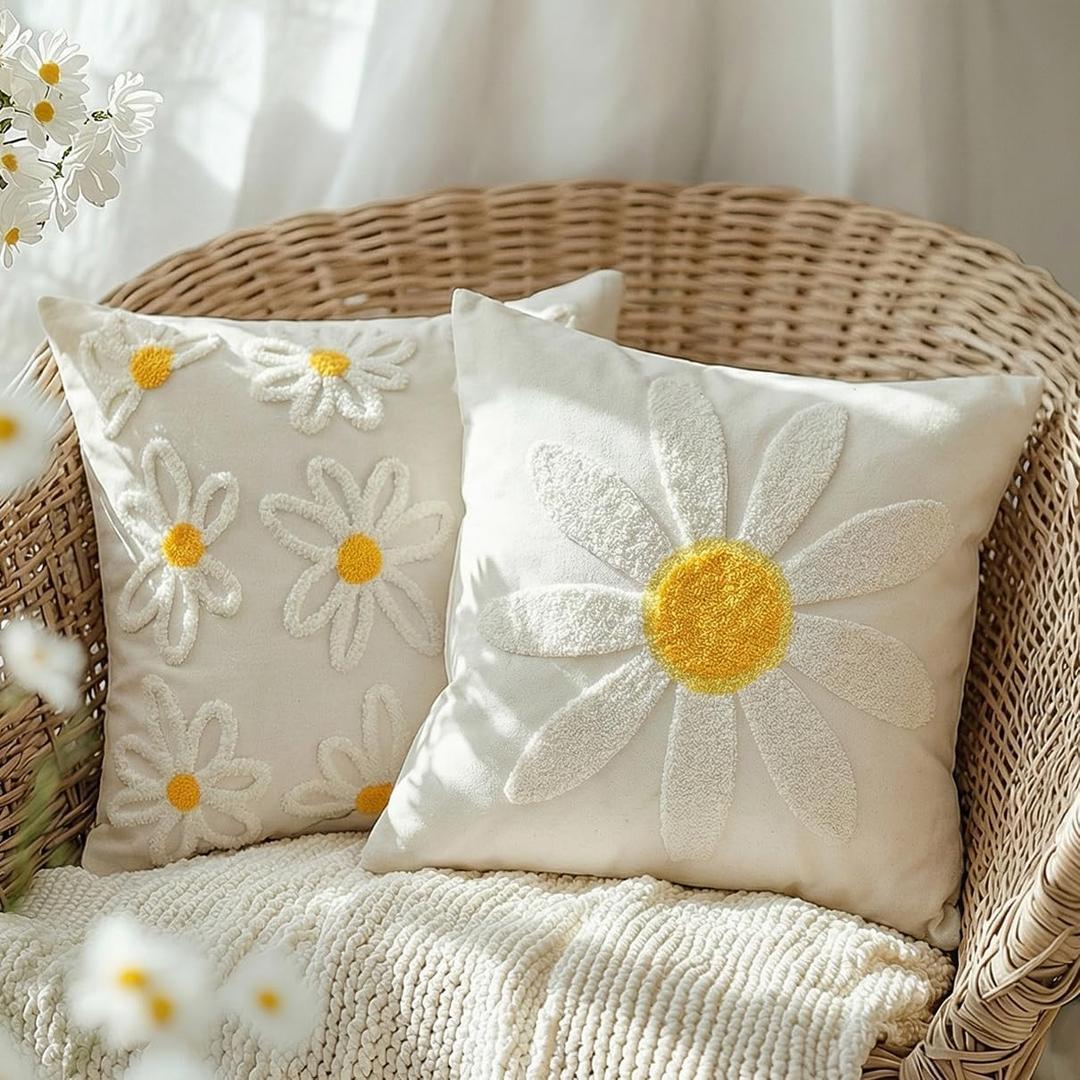 GEEORY 2-Pack 18x18 Inch Spring Summer Daisy Embroidered Canvas Throw Pillow Covers, Farmhouse Cotton Cushion Cases for Sofa Bed Living Room Home Decor