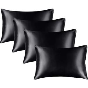 BEDELITE Satin Pillowcase for Hair and Skin, Super Soft Similar to Silk Pillow Cases 4 Pack with Envelope Closure, Cooling Pillowcases for Women Men (20"x26" Standard Size, Black)