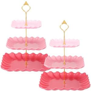 Lallisa 2 Pack Scalloped Cupcake Stand Dessert Plates Plastic Square Tiered Serving Stand Display Tower for Wedding, Birthday Party, Tea Party and Baby Shower(Pink Gradient)