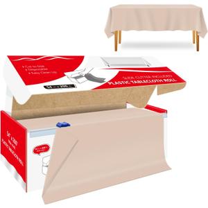 54 Inch x 200 Feet Beige Plastic Tablecloth Roll Cut to Size Disposable Table Cover with Cutter Box Plastic Table Cloth for Party, Wedding, Birthday
