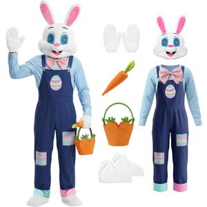Adult Easter Bunny Costume, Deluxe Rabbit Plush Mascot Outfit with Head, Plaid Shirt, Overalls (Medium)