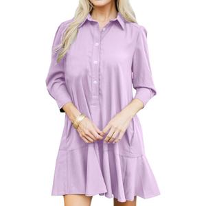 YEXPINE Women's Tunic Mini Shirt Dress Cotton Linen Long Sleeve Button Up Ruffle Hem Loose Casual Summer Pockets Shift Dress (Purple, XS)