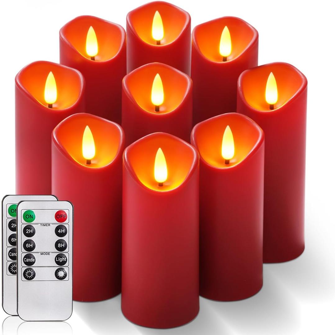 Homemory Christmas Flameless Candles, Battery Operated Candles with Remote Timers, Electric Fake Candles for Home, Christmas Decoration, Made of Plastic, Red/Burgundy, Set of 9
