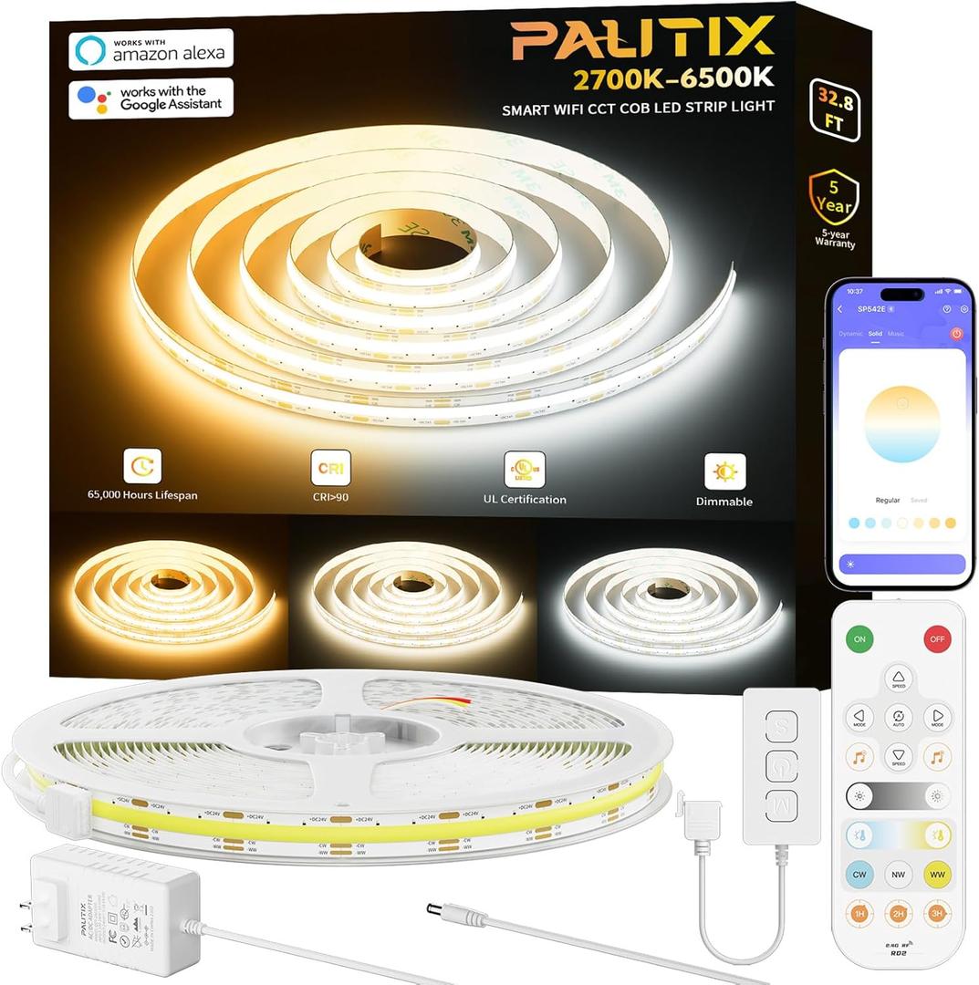 PAUTIX CCT COB LED Strip Light White Tunable 6400LEDs, CRI90+ 32.8ft/ 10m Dimmable 2700K-6500K 24V LED Tape Lights Kit, Work with Alexa/ Google Assistant, for Under Cabinet Bedroom Kitchen DIY Lighting