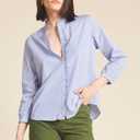 Womens Blue White Stripe Button Down Shirt Long Sleeve Standup Collar Blouse Dressy Business Casual Tops with Ruffle Details (XL)