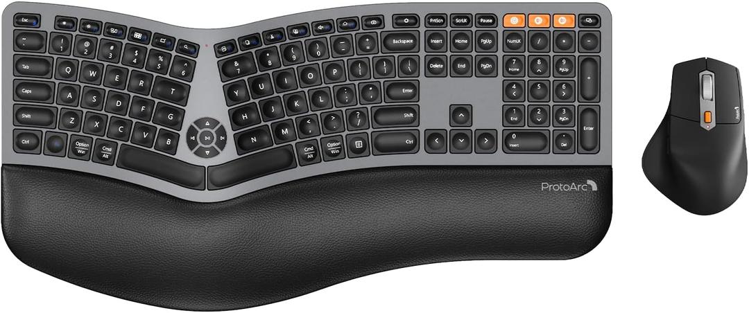 ProtoArc Ergonomic Wireless Keyboard Mouse, EKM01 Plus Full Size Ergo Bluetooth Keyboard Mouse Combo, Split Design, Wrist Rest, Multi-Device, Rechargeable, for Windows/Mac OS (Space Gray)
