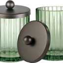 Amolliar Sage Green Glass Apothecary Jar With Metal Lid & Stickers, Bathroom Qtip Holder Dispenser for Cotton Swabs, Balls, Round Pads, Bath Salt, Floss, Countertop Canister Storage, Bronze 2 Pack