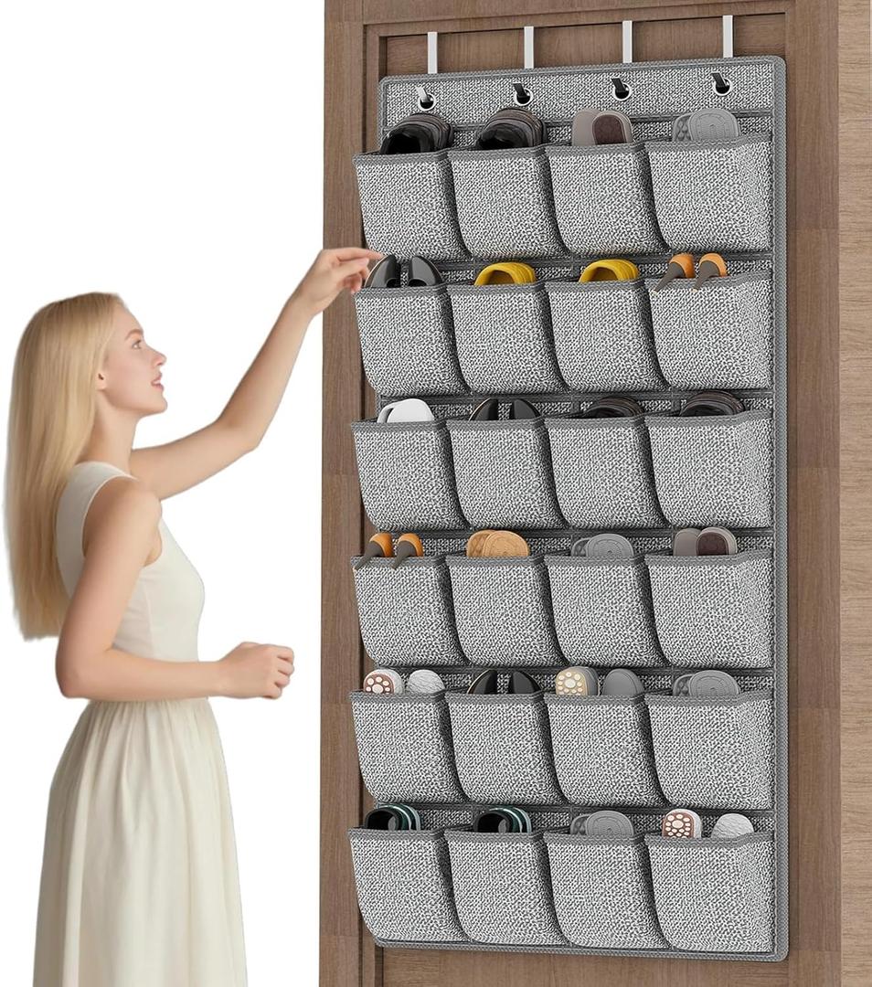 homyfort Over the Door Shoe Organizer,Hanging Shoe Rack Storage Holder with 24 Extra Large Fabric Pockets for Closet,Men Sneakers,Women High Heeled Shoes,Slippers,Grey 61.4''x22'' (Linen-like Grey)