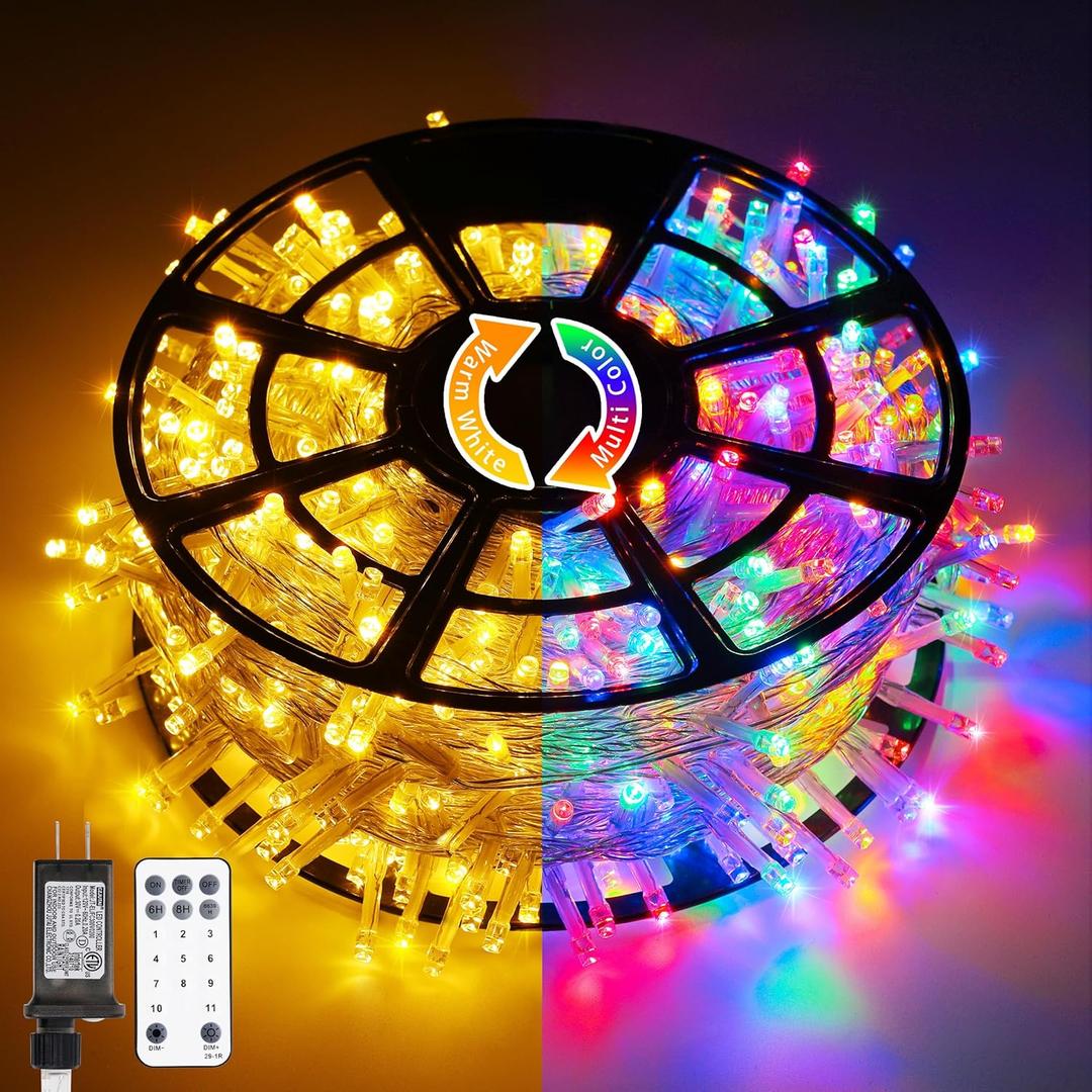JMEXSUSS 600 LED Color Changing String Lights Plug in, 168FT Warm White & Multicolor Christmas Lights with Remote, Christmas String Lights Outdoor Waterproof Clear Wire for Tree Xmas Decor