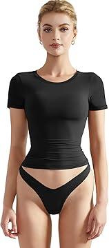 SUUKSESS Women Double Lined Fitted Basic Tee Crew Neck Short Sleeve Y2K Crop Top (Jet Black, Medium)