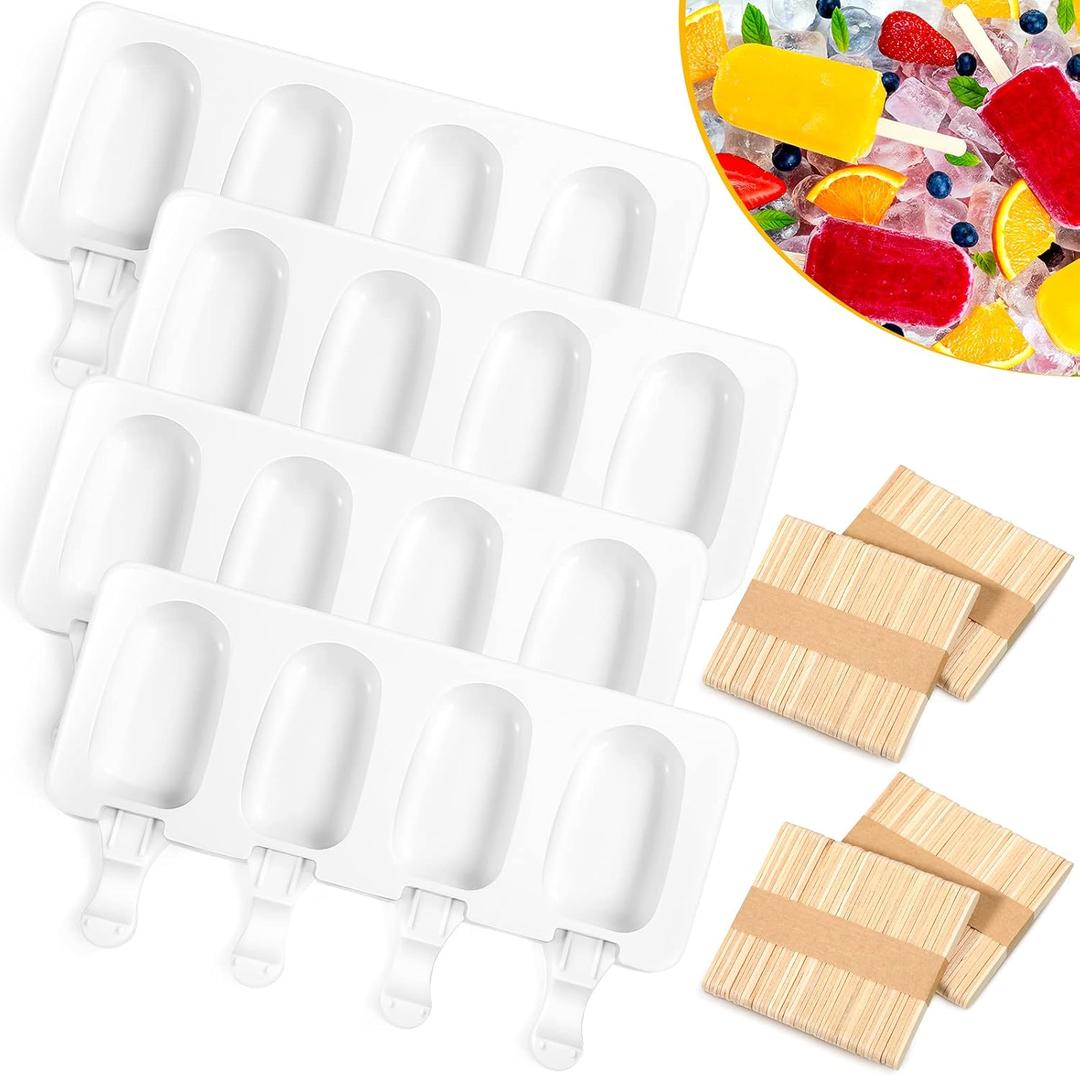 4 Pieces Ice Cream Mould lolly Mold Silicone Ice Cream Mold 4-Cavity Cake Pop Molds Baking Molds with 200 Pieces Sticks for Homemade Treats(Classic Style)