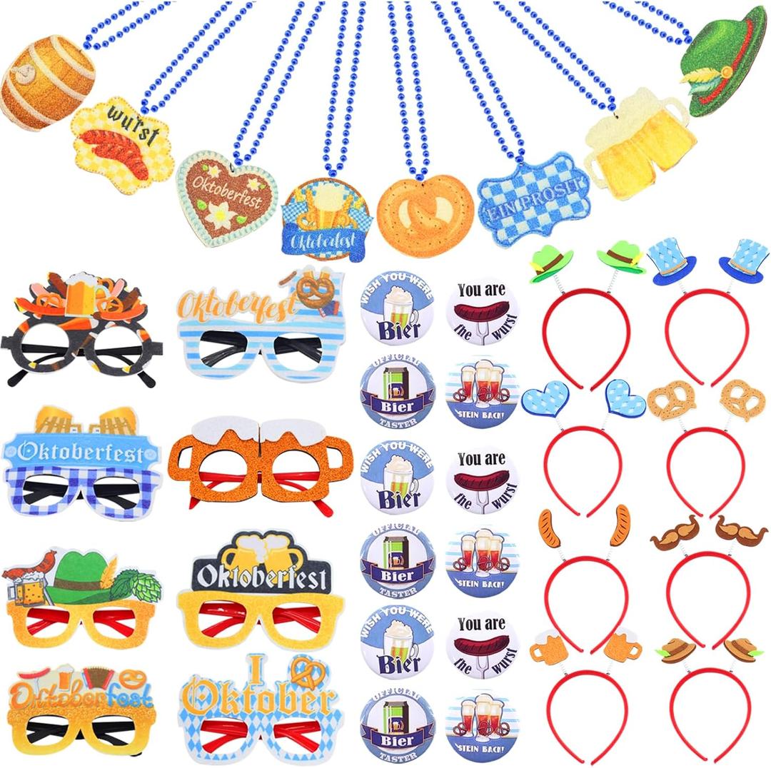 36 Pcs Oktoberfest Party Accessories Set,Funny Oktoberfest Fancy Dress Photo Booth Props, Party Glasses for Theme Bavarian Beer Festival Supplies