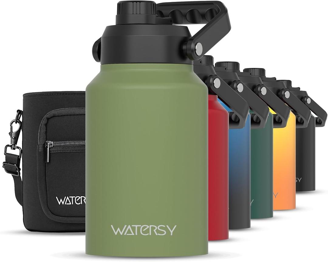 WATERSY Half Gallon Water Bottle Insulated(Cold for 48 Hrs),BPA Free&Leak Proof,64oz Stainless Steel Water Jug/Flask,Big thermo,Large Water Bottle with Handle for Gym,Hiking,Camping,Olive Green