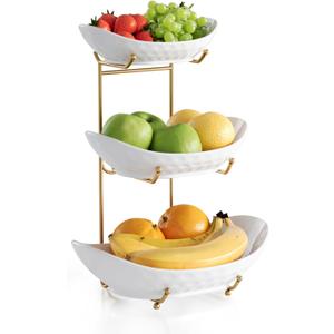 Fruit Bowl Basket for Kitchen Counter Ceramic Decrative Serving Bowl, 3 Tier kitchen Decor Organizers and Storage for Farmhouse Snack Breads Dessert Cake Tray for Party Wedding,Gold white