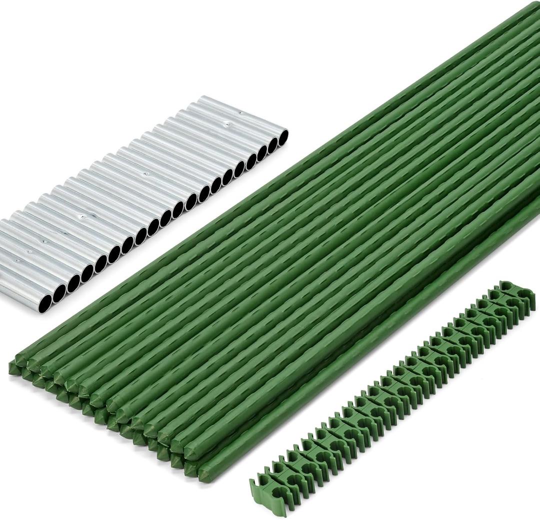 RAOOKIF Garden Stakes 6ft, 6ftx20 Pcs Plastic Coated Steel Plant Support Stakes Kit with 40 Connectors 40 Rotatable Clips, DIY Outdoor Plant Support Stakes for Growing Climbing Plants