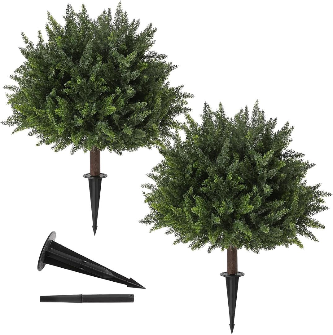 LUWENER 23.6Inch Artificial Cedar Topiary, 2 Pack UV Resistant Faux Evergreen Shrubs with Ground Spikes, Indoor Outdoor Potted Plants for Porch, Garden, Front Door Decor (Cyress)