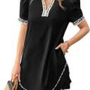 Wenrine Womens Puff Short Sleeve Mini Dress Casual V Neck Color Block Leopard Loose Beach Summer Dresses with Pockets (Black, M)