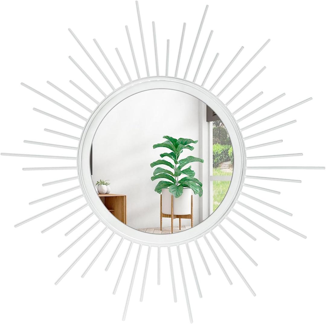 Sunburst Wall Mirror Spoked Home Circle Wall Art Mirror Classic Metal Modern Hanging Mirror, Decor Living Room Bathroom Bedroom Entryway Vanity Office Hallway Housewarming Large 16" White