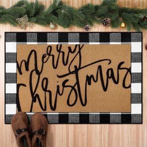 Tinideya 2 Pcs Merry Christmas Door Mat Xmas Welcome Non Slip Coir Mats Black White Buffalo Plaid Floor Layering Doormats Seasonal for Front Porch Entryway Decor(Merry Christmas)