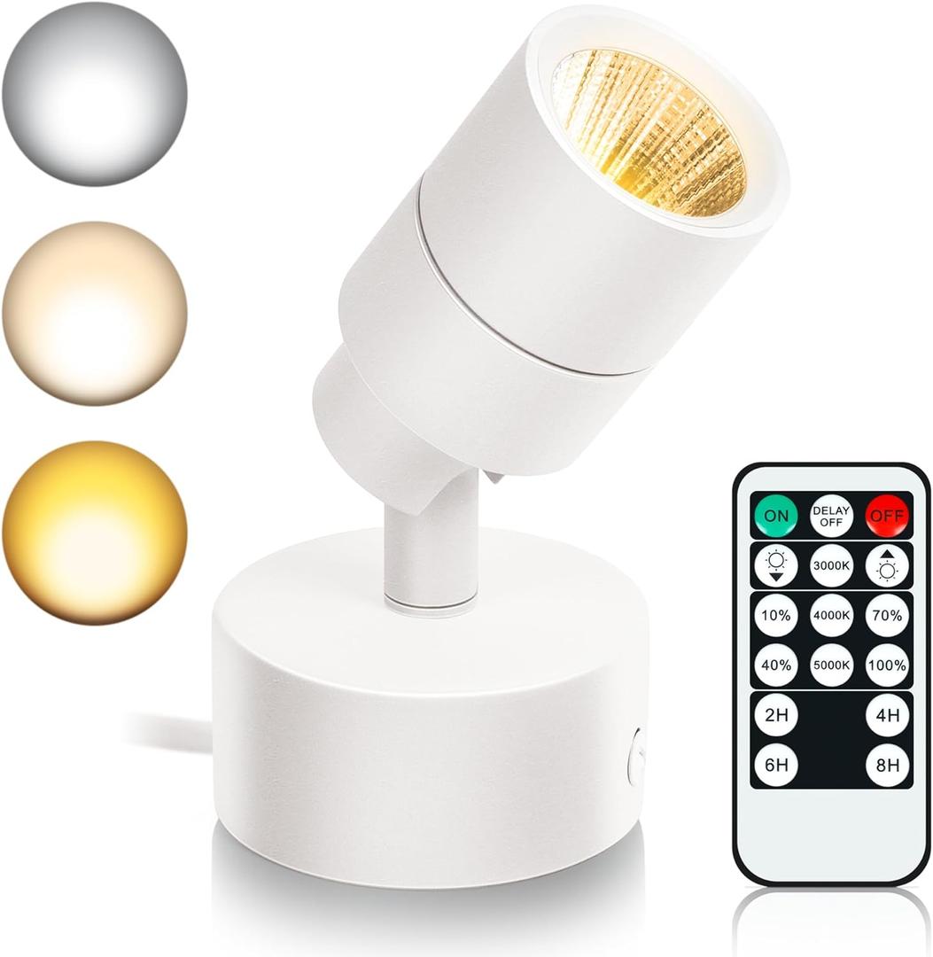 LED Spot Lights Indoor, 5W Uplighting with Remote Control Dimmable & Timer, Uplights Indoor Floor Spotlights with 3 CCT, Accent Lighting Stick on Wall Light for Plants Picture Artwork, White (1-Pack)