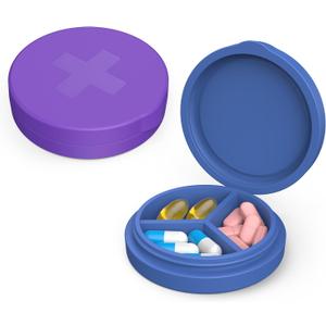 2 Pack Small Pill Box,Premium Thick Silicone 3 Compartment Travel Pill Box for Home/Desk Organizer, Portable Compact Medicine Holder for Vitamin, Cod Liver Oil, Supplement(Purple+Blue)