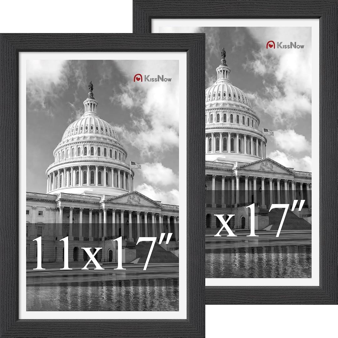 11x17 Picture Frame, Black Solid Wood, 2 Pack, Wall Hanging for Art