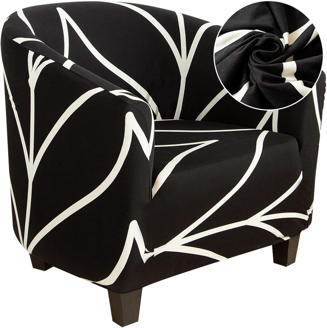 SearchI Club Chair Slipcover Stretch Barrel Chair Covers Printed Tub Chair Slipcovers Soft Spandex Armchair Sofa Cover Removable Couch Furniture Protector Arm Chair Cover for Living Room(Black+White)