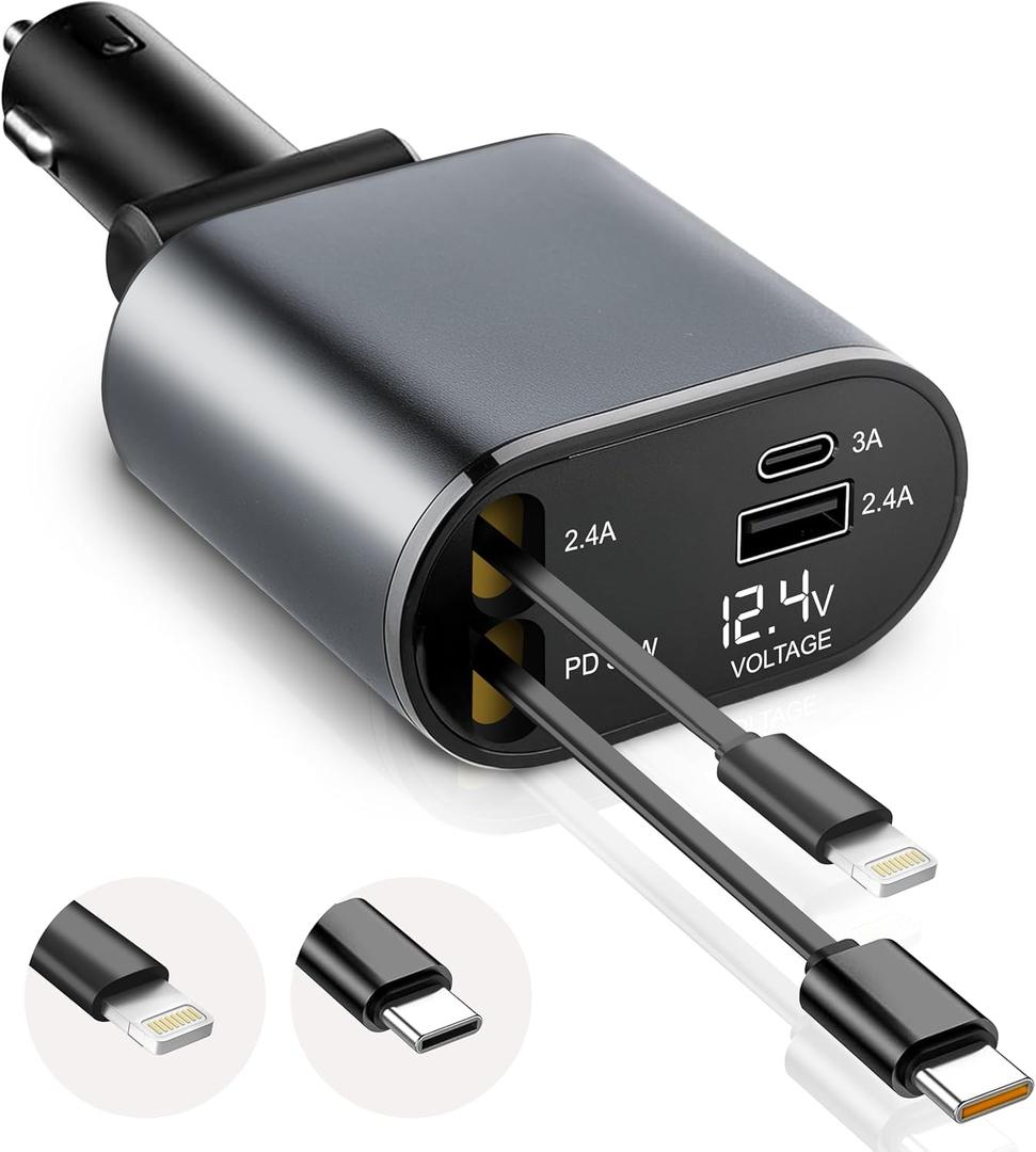 EcoNour Fast 4-in-1 Retractable Car Charger Adapter | 60W Car iPhone Charger | USB C Fast Charge | Compatible up to iPhone 16, Samsung & Android | Charger with Retractable Cord