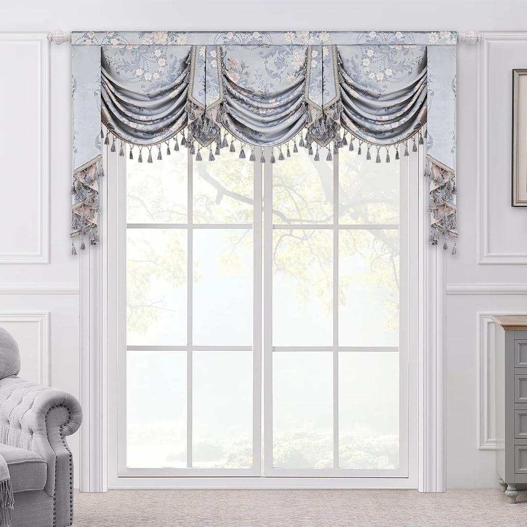 Loom and Mill Luxury Jacquard Waterfall Valance for Living Room Bedroom, Elegant European Floral Swag Window Valances with Tassels, Blue Grey Swag Curtains for Banquet Holiday Decor(W79Inch,1 Panel)