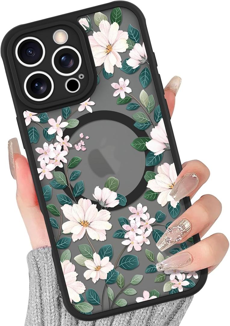 BITOBE Floral Case for iPhone 16 Pro Max [Compatible with MagSafe] Cute Flower Pattern Case for Women Girls Soft TPU Bumper Translucent Magnetic Slim Protective Cover - Flowers & Leaves
