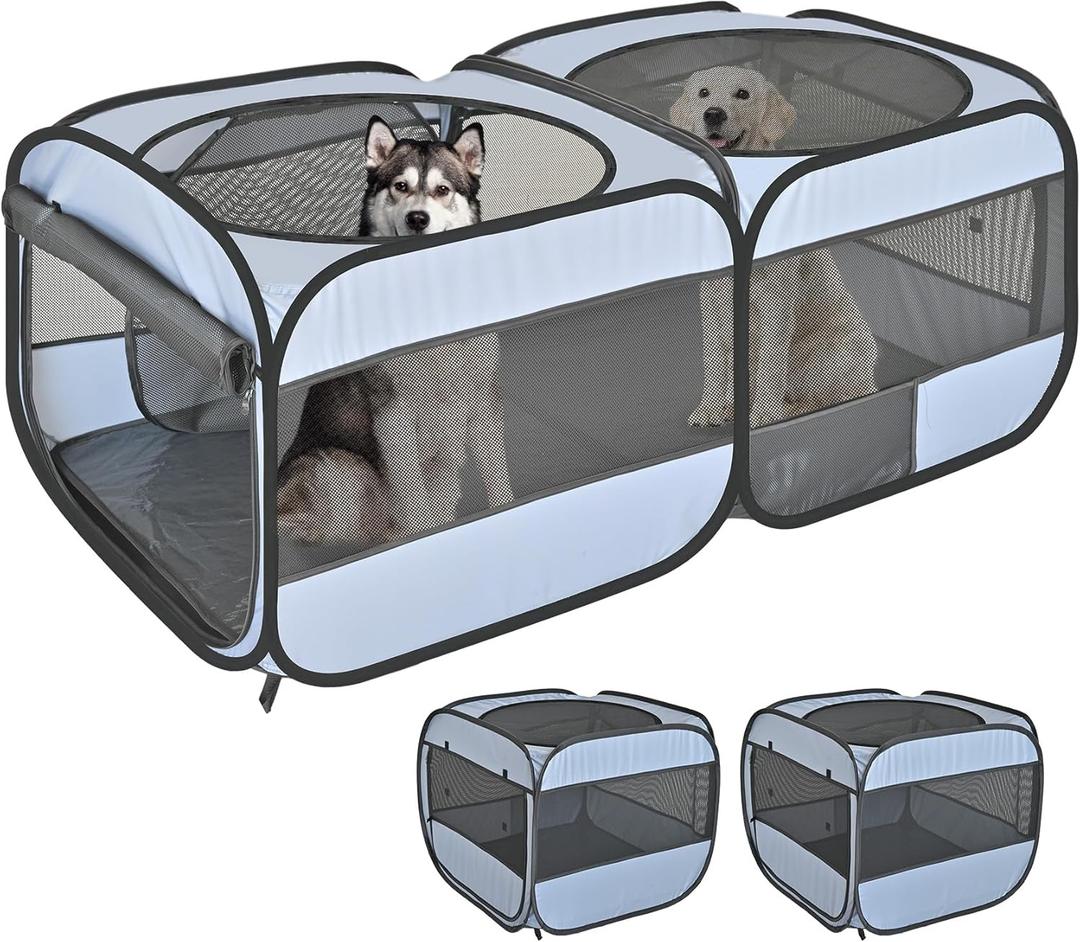 2-in-1 Pop Up Puppy Playpen, Detachable into 2 Separate Pens with Additional Doors, Assembly-Free Portable Cat Dog Crates Pet Pen Tent Kennel Kitten Enclosure Cage Indoor Outdoor Foldable Condo(L) (L, 73.3"L x 37.5"W x 32"H)