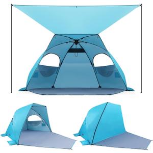 Elegear CumbreX Beach Tent with Canopy 4-6 Person, 1-Second Umbrella-Style Setup Pop Up Sun Shelter Shade, UPF 50+ UV Protection Four-Layer Silver-Coated Lightweight Portable Beach Cabana - Aqua Blue