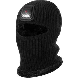 Kids Balaclava Knitted Warmer Windproof Hat Full Ski Face Mask Winter Warm Skull Cap with Light Boys Girls (Black)