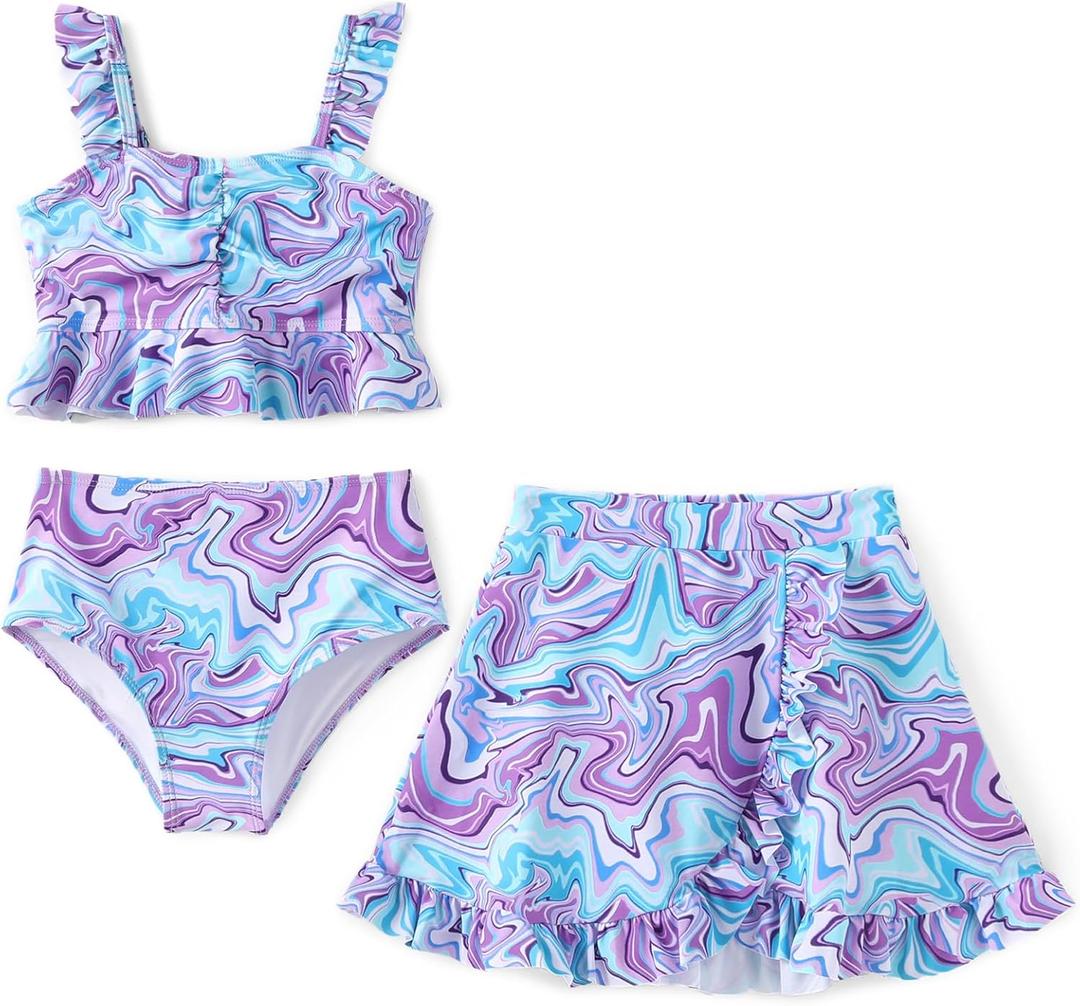 PATPAT Girl's Swimsuits 3 Piece Floral Print Ruffled Bikini Sets Bathing Suit with Cover Up Beach Skirt Summer Beachwear (7-8 Years)