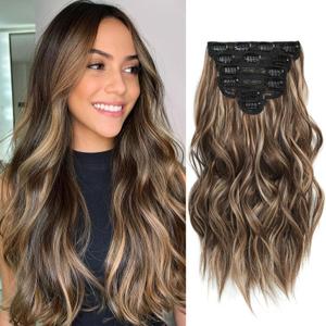 Highlight balayage dark brown Hairpieces, Natural & Blends Well Clip in Hair Extensions (16inch, 6pcs, Chocolate Brown&Honey Blonde)