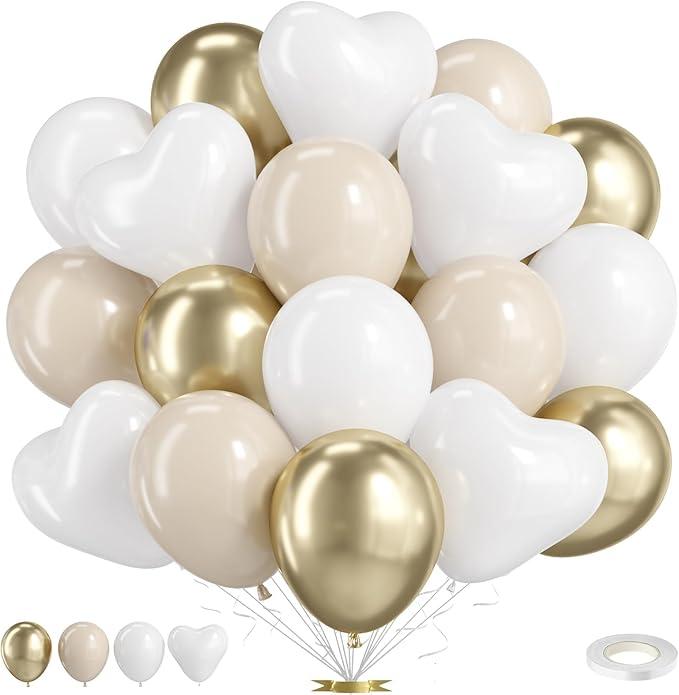 yueton Heart Shaped 12 inch Latex Balloon for Home Room Celebration Party, Birthday Decoration, white and beige