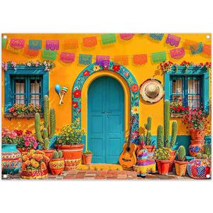 ZTHMOE Fabric 7x5ft Mexican Fiesta Photography Backdrop Cinco de Mayo Yellow Cabin House Cactus Flowers Guitar Background Carnival Festival Outdoor Party Decorations Photo Props