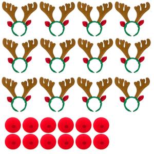 12 Pcs Christmas Reindeer Antlers Headband Bulk with 12 Pcs Red Noses, Brown Reindeer Antlers Hairbands for Christmas Party Supplies, Deer Headband for Family, Office, Party Photo Booth Props