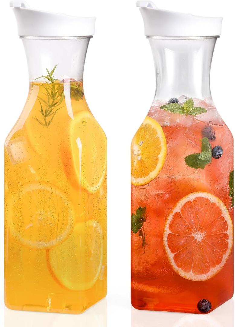 Set Of 2 Plastic Carafe With Lid, 50 Oz Mimosa Bar Supplies, Large Plastic Water Pitcher, Square Base Juice Containers For Party, Milk Container, Beverage Containers For Fridge- HAND WASH ONLY