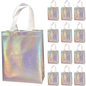 12 Pcs Non-woven Reusable Gift Bags With Handles for Party Favor 8W x 4L x10H Size (Iridescent)