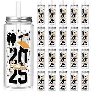 Vesici 24 Pcs Graduation Plastic Cups with Lid and Straws 13.5 oz 2025 Graduate Tumblers Graduation Gifts Drinking Cups with Decorative Bows for Class of 2025 Party Favors Decorations(Yellow)