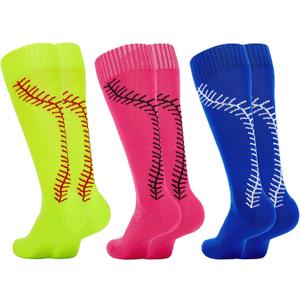 American Trends Girls Softball Socks with Stitches 3 Pairs Youth Athletic Socks for Soccer, Baseball, Softball, Football (L)