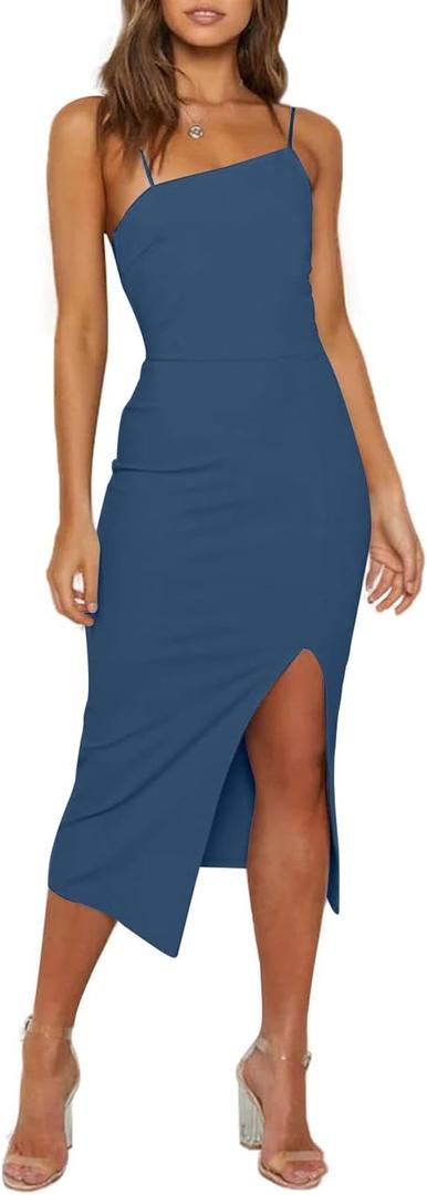 OWIN Women's Adjustable Spaghetti Straps Sleeveless High Waist Split Midi Bodycon Cocktail Party Dress (Medium, Grey Blue)