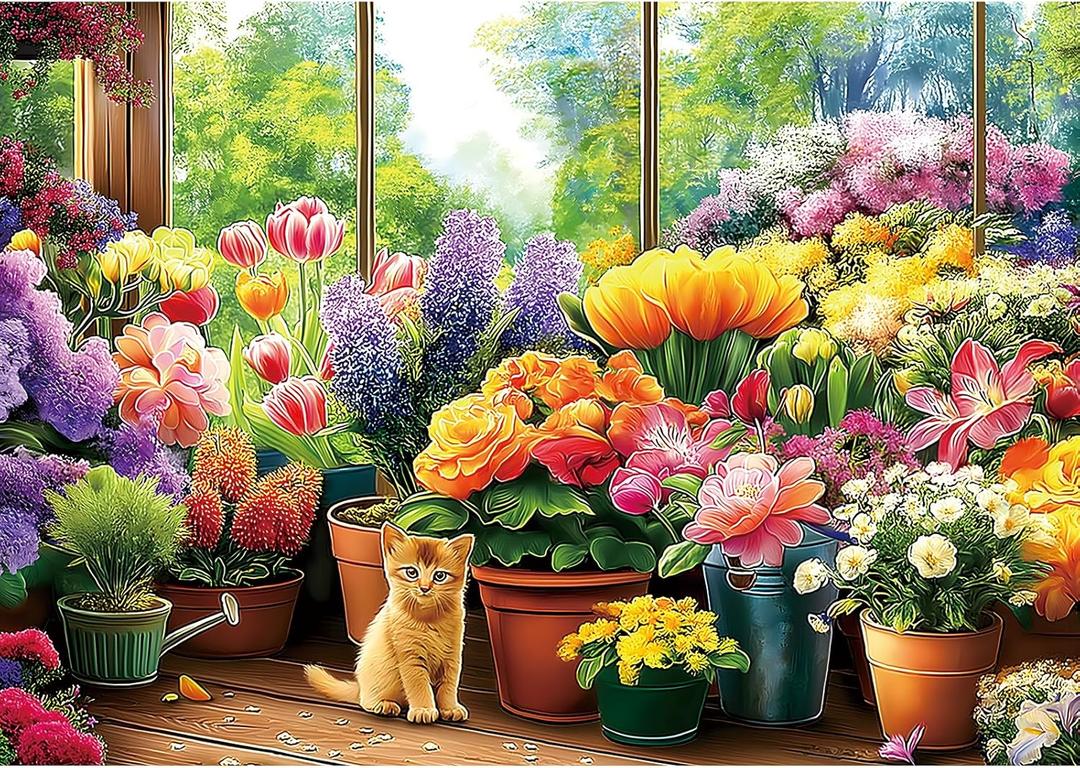 Blueforest 300 Piece Jigsaw Puzzle for Adults - Cute Kitten & Flower Garden, 17x11 Inch, Cardboard, Fun & Relaxing Puzzles for Stress Relief