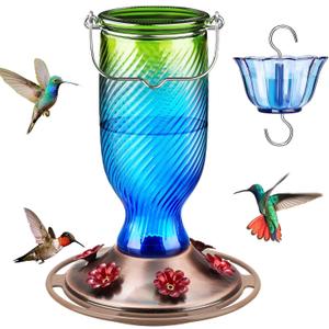 Kingsyard Glass Hummingbird Feeders for Outdoors, 24 oz Hummingbird Nectar Feeder for Outdoors Garden Yard Décor, 6 Feeding Ports, Ant Moat Included, Easy to Clean & Refill, Navy Blue