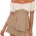 Fixmatti Women's Color Block Romper Off The Shoulder Short Sleeve Ruffle Jumpsuits Playsuit, XL