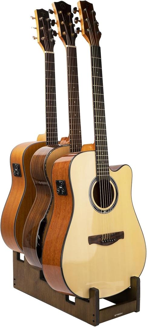 STRICH Wooden Guitar Stand for Multiple Guitars, 3-Holder, Front Display Space-Saving Floor Guitar Rack for Home, Studio, Stage, Walnut Color, L-3AW (For 3 Acoustic)
