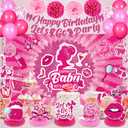 Pink Birthday Decorations for Girls Hot Pink Birthday Banner Balloons Let's Go Party Banner Hanging Swirls Centerpieces Sash Paper Pompoms for Princess Bday Doll Theme Disco Bachelorette Party