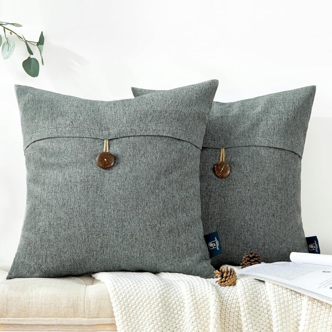 Phantoscope Pack of 2 Farmhouse Throw Pillow Covers Button Vintage Linen Decorative Pillow Cases for Couch Bed and Chair Gray 18 x 18 inches 45 x 45 cm